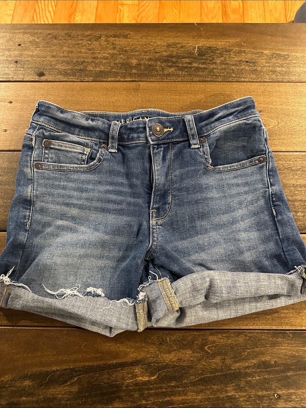 American Eagle Outfitters Dark Blue Distressed Cuffed Denim Shorts